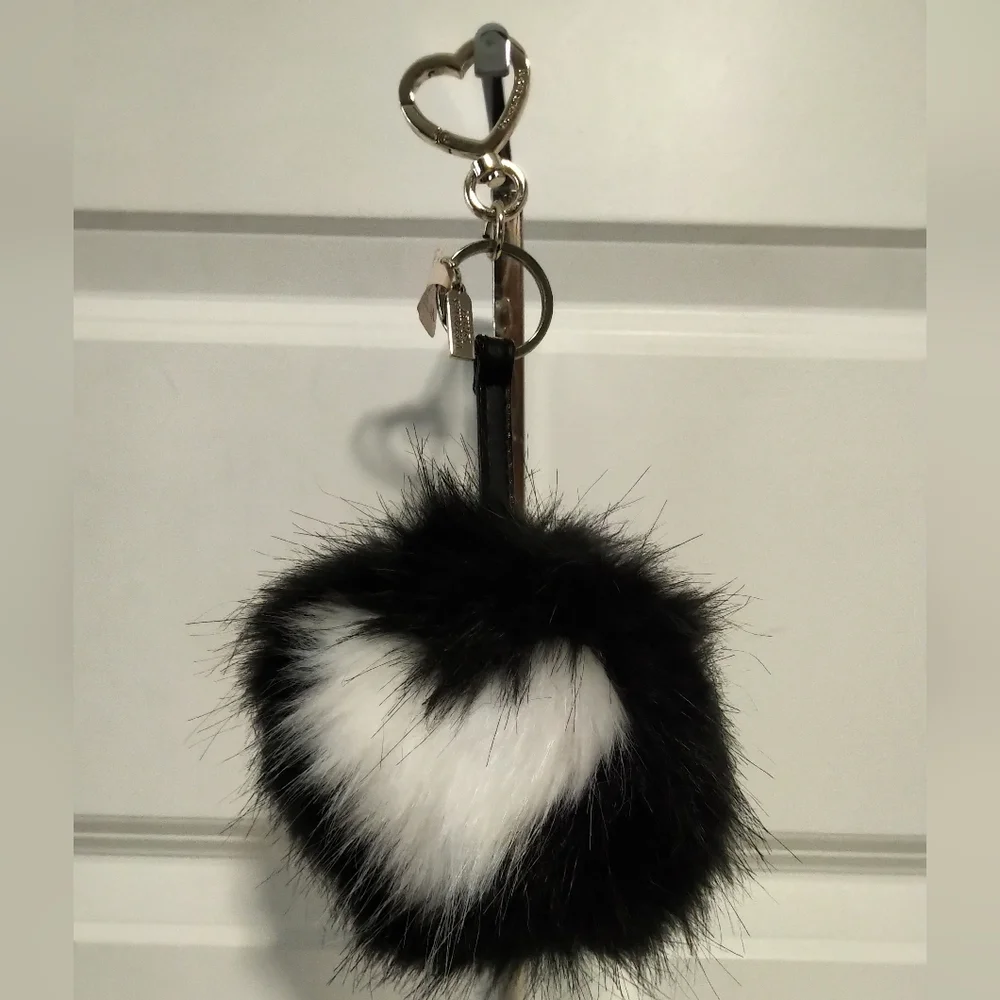BRAND NEW Victoria's Secret Faux Fur Heart Pom Keychain - Black & White